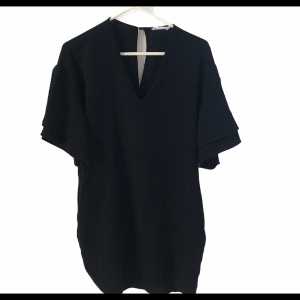 Black V-Neck Shift Dress with Double Layer Flutter Sleeves and Keyhole Back
